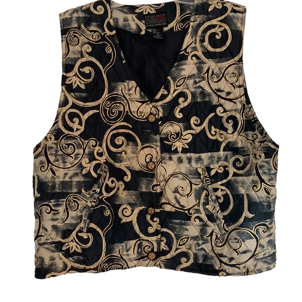 Mureli Mure Vintage 100% silk vest, 4 gold/navy buttons, navy/beige/gold print